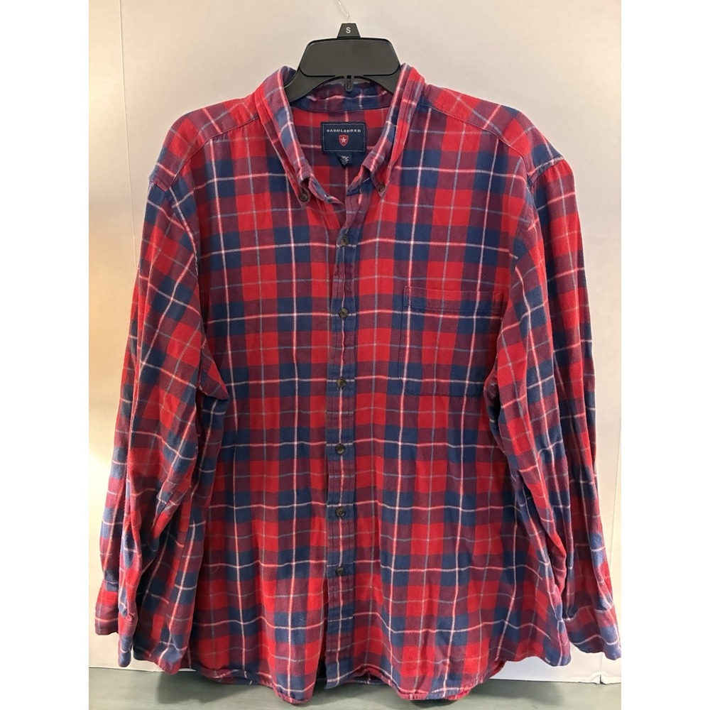 Saddlebred Plaid Flannel Shirt Mens XXL Red‎ Blue Button Front Cotton